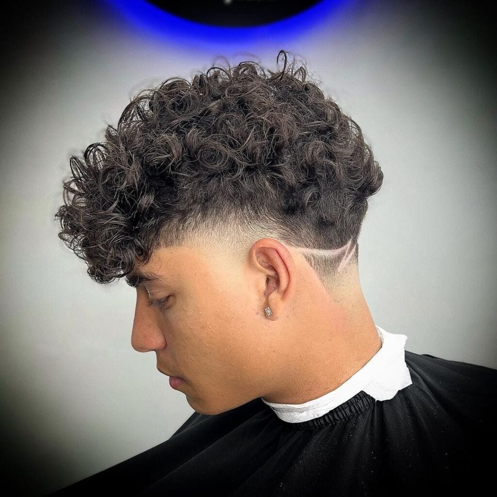 Curly Taper Fade with Design