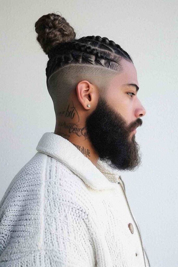 Curly Hair Man Bun Low Fade